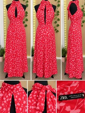 ZARA Red Floral Halter Maxi Dress with Open Back – Size M